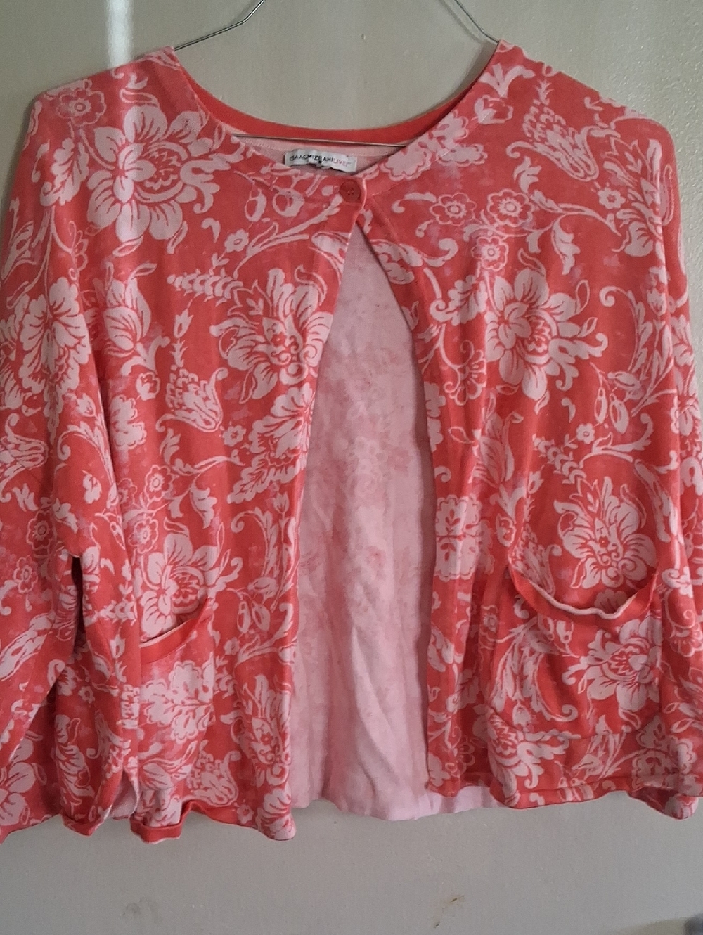 Isaac Mizrahi Coral and White Floral Knit Cardigan